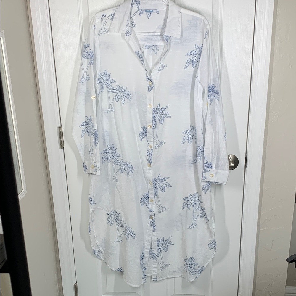 Blue Island cotton long button down shirt swim coverup size large